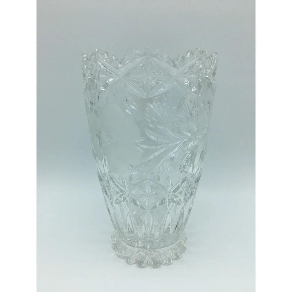 American Brilliant Cut Glass Vase Etched Rose Flowers Diamond Points 7